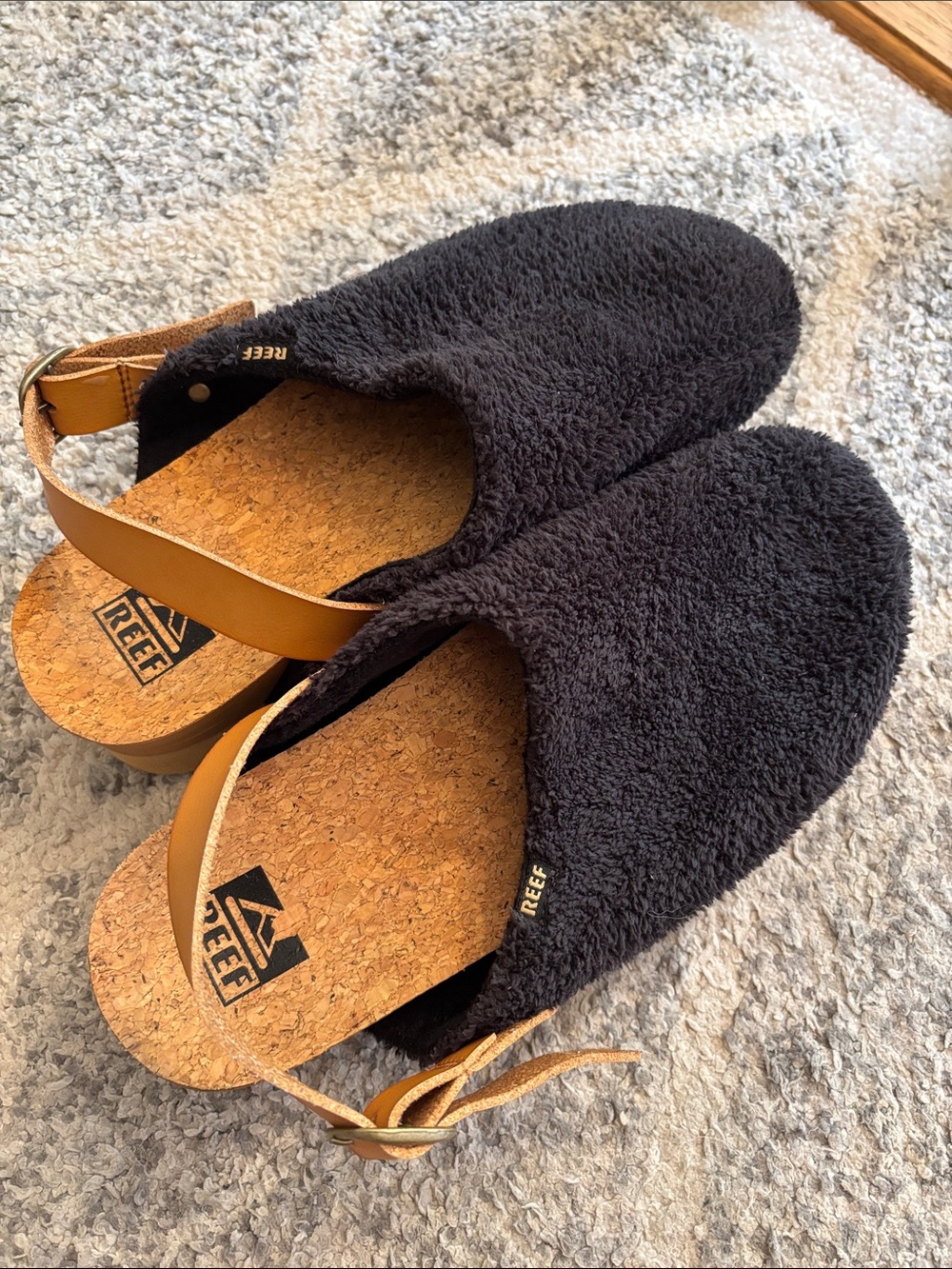 Reef Black Terry Cloth Slingback Sandals with Tan Strap